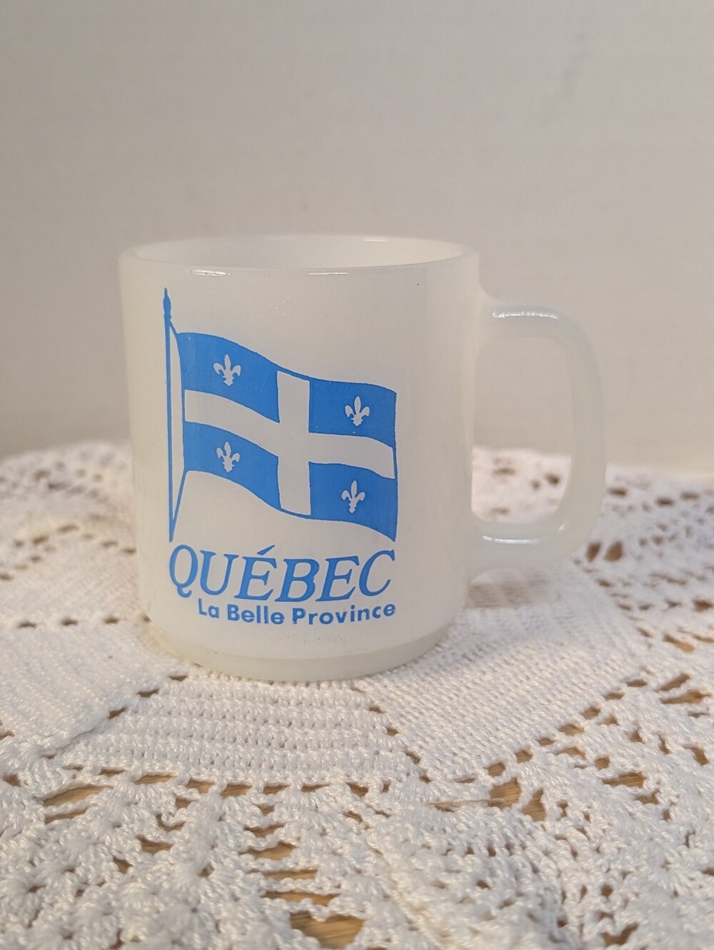 Vintage Glasbake Quebec la Belle Province milk glass flag coffee cup mug